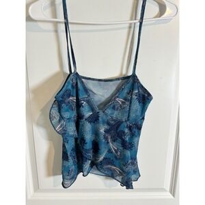 Blue Paisley Sheer‎ Cami Top Ruffle Sleeveless Tank Top Size L